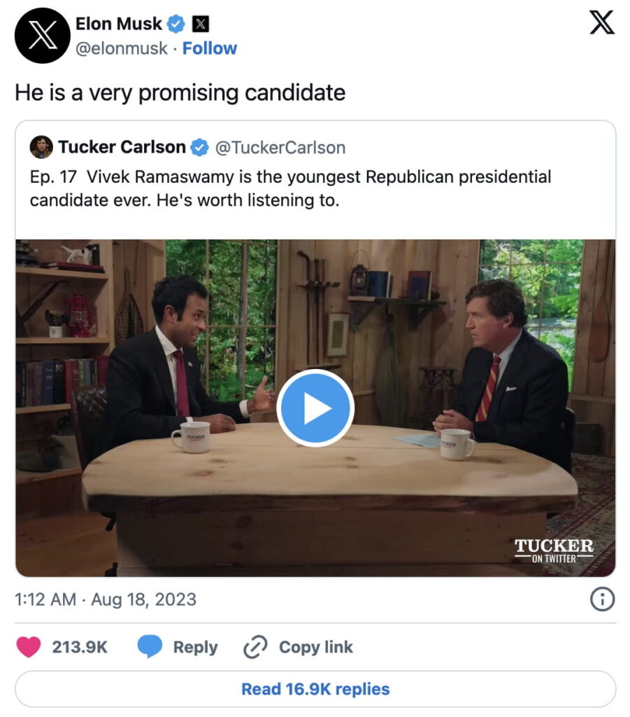 Elon Musk Voices Support for Vivek Ramaswamy: Pro-Crypto GOP Presidential Candidate